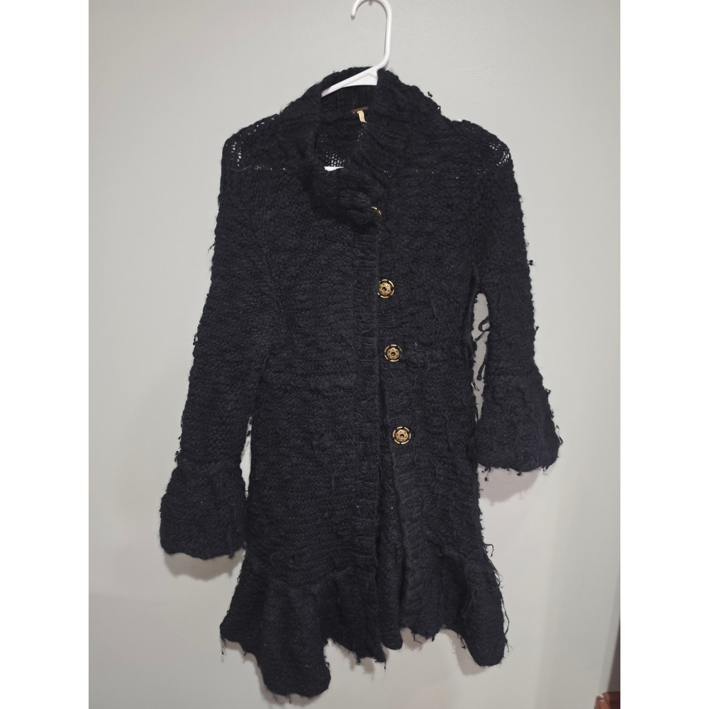Free People Black Chunky Knit Ruffle Hem Cardigan Sweater Coat Gold Buttons